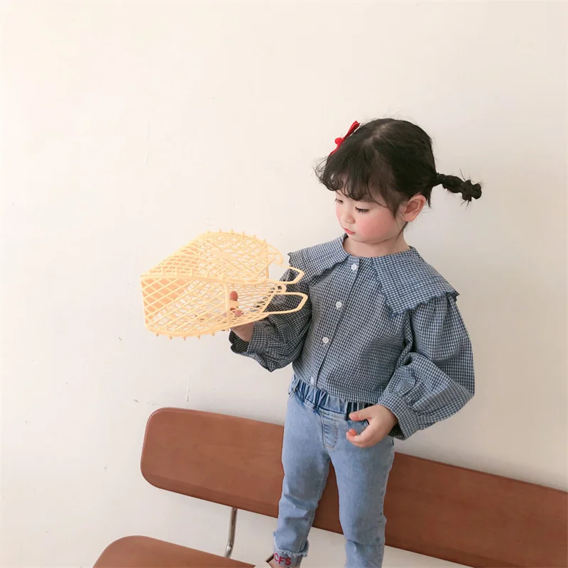 

Girls 2021 spring new Korean version plaid shirt baby girl lapel shirt sweet long-sleeved shirt