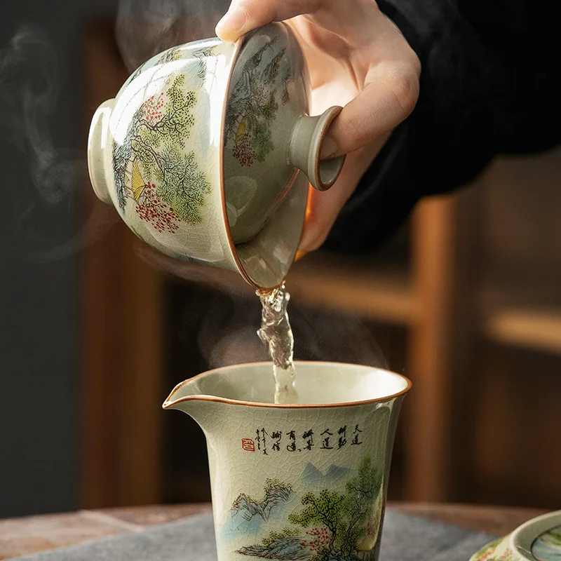 Retro Porcelain Gaiwan Pot Tray Tea Cup High-End Single Gaiwan Large Capacity Tea Making Hand-Held Cup Kung Fu Set