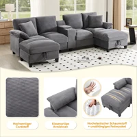 4-местный U-образный диван с местом для хранения вельветовых подушек, подстаканниками и двумя USB-портами для гостиных — изображение 2