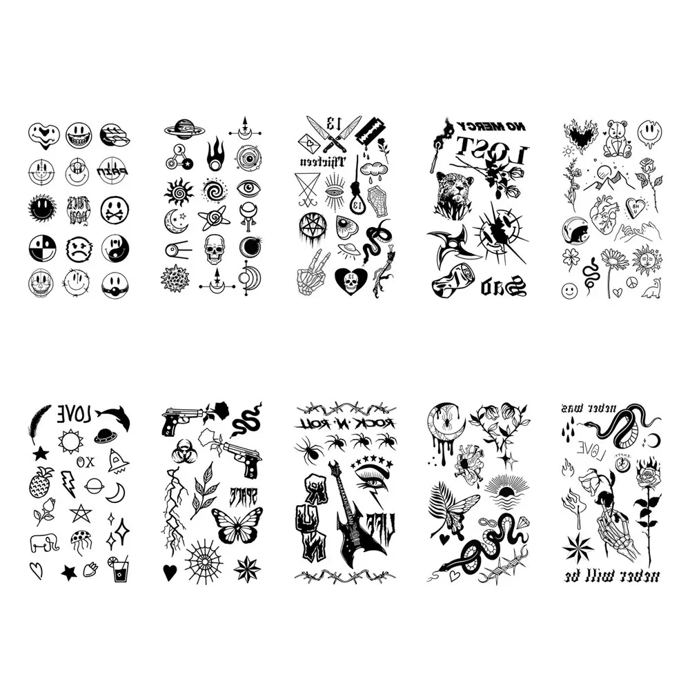 10pcs Waterproof Temporary Tattoo Sticker Love Emoticon Moon Sun Lines Skull Planet Tatto Wrist Fake Tattoos Body Art Women Men 4