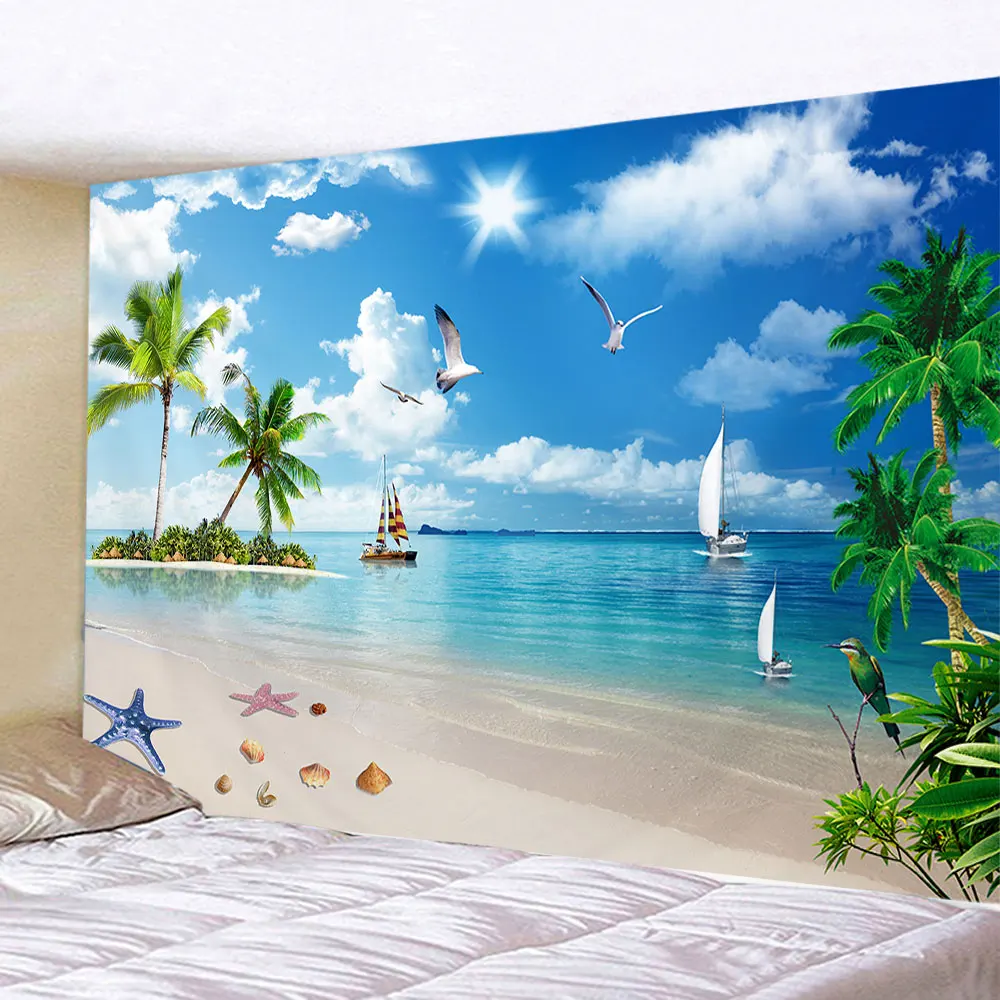 Beach Landscape Decorative Tapestry Seaside Coconut Tree Wall Hanging Art Deco Tapestry Decorations
