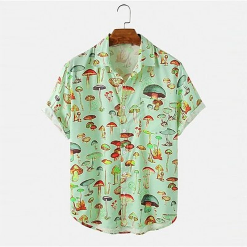 2022 Summer Men\'s Short-sleeved Hawaiian Shirt Casual Lapel Colorful Element Mushroom Pattern 3D Print Button Trend Summer