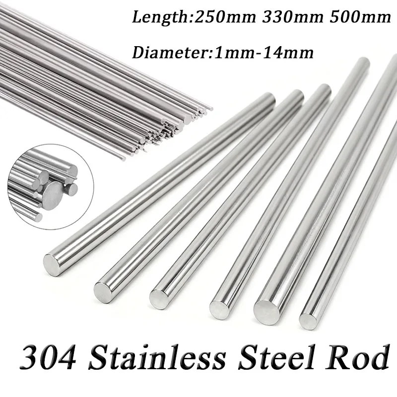1/5Pcs 304 Stainless Steel Rod Diameter 1mm-14mm Linear Shaft Metric Round Rod Ground 250mm 330mm 500mm Long DIY Craft Tool