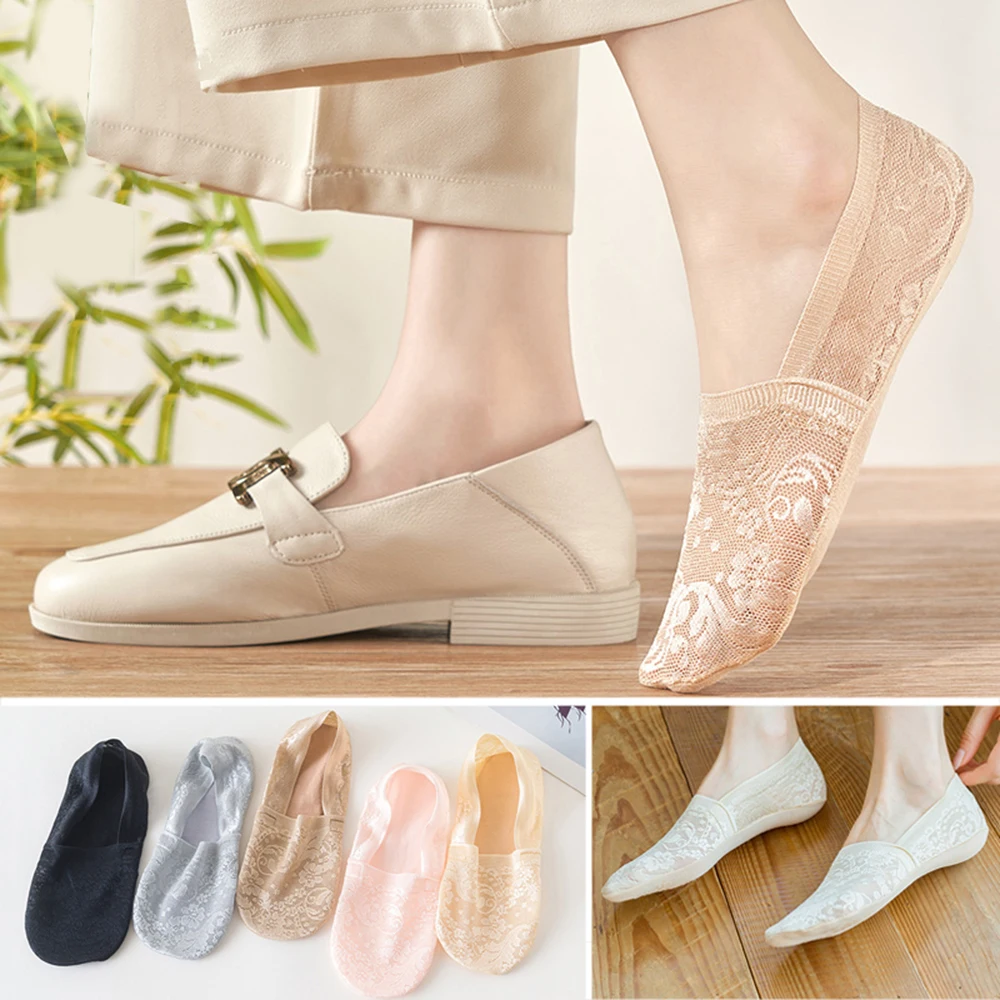1 Pairs Lace Breathable Socks Solid Color Ankle Socks Anti-slip Thin Hosiery Invisible Silicone Non-slip Lace Flower Short Sock