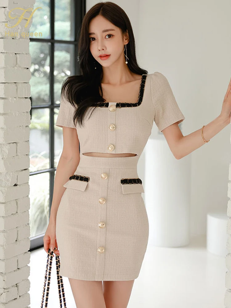 H Han Queen Summer Sexy Dresses Fashion Buttons Simple Sheath