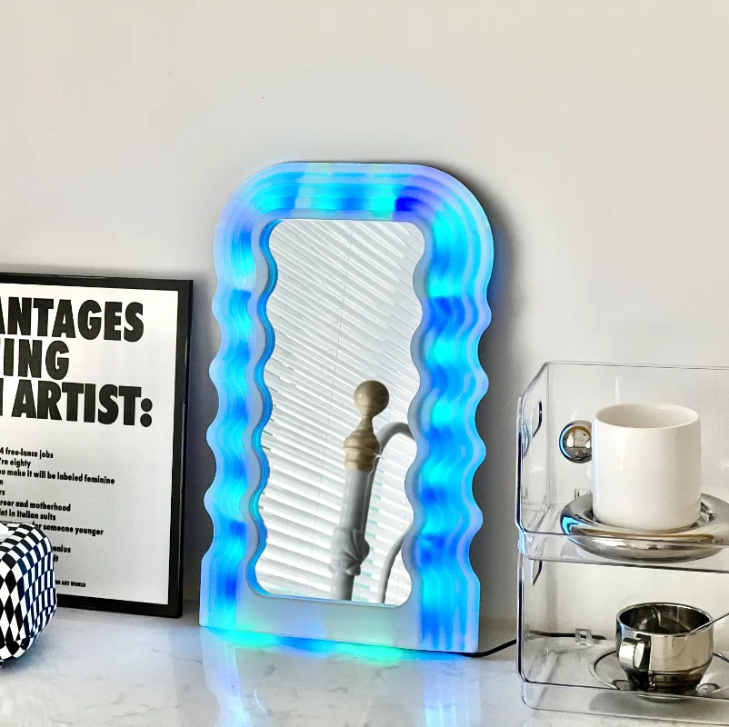 

Memphis Wavy Macrame Mirror Decorative Frame Art Edge Handheld Mirror Irregular Portable Led Light Miroir Mural Home Furniture