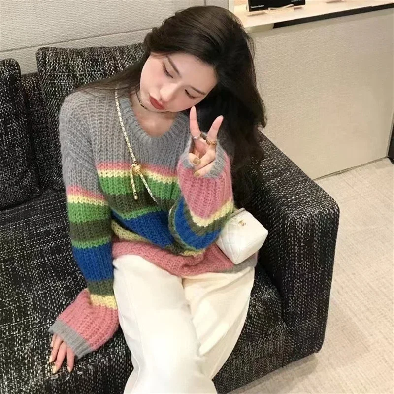 Women Knitted Sweater Long Sleeved Rainbow Striped Pullover