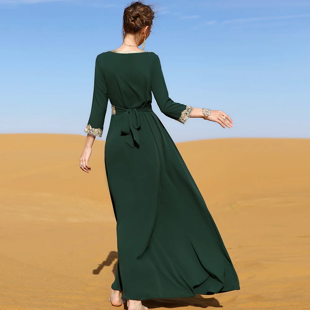 Dubai Long Dress Dark Green Moroccan Caftan Kaftan Turkey Embroiled Lace Elegant Vacation Gorgeous Abaya Women's Clothing