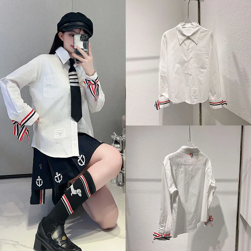 Red White Blue Tri-color Woven Tape Slim-fit Women's Shirt Preppy Style Loose Polo Collar Elegant Tops Trend Brand Cotton Shirt 1set magnetic print bed sticker tape 3d printer 300mm 300mm coordinate printed hot bed surface sticker blue for 3d printer parts