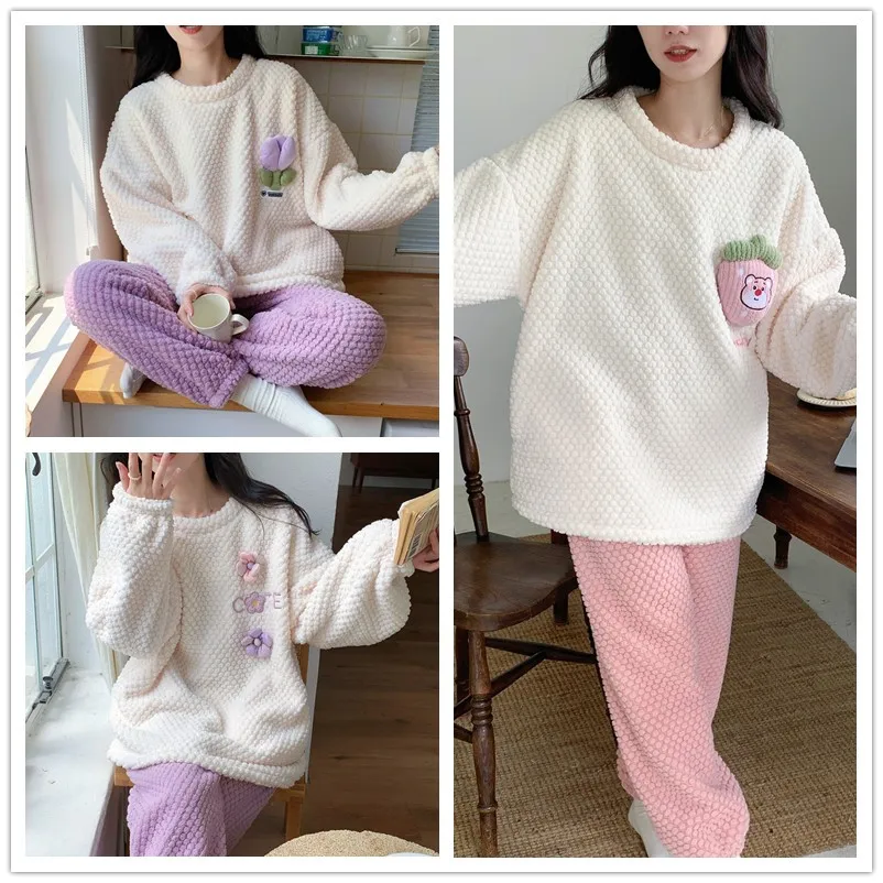 Winter Thick Flannel Pineapple Plaid Comfortable Round Neck Pullover Long Sleeve Pajamas Women's Cute Casual Set Homewear