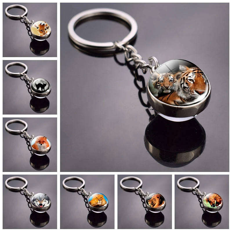 Key Rings Key Chains Cat Keychain Animal Keychain Tiger Wolf Fox Lion Double Side Glass Ball Key Chain Black Cat Horse and Moon Key Ring Pendant Keyring