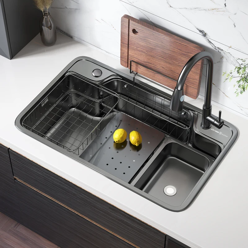 

Black Japanese Style 304 Stainless Steel Sink Large Single Slot Household Kitchen Sink Storage Washing Vegetable Basin