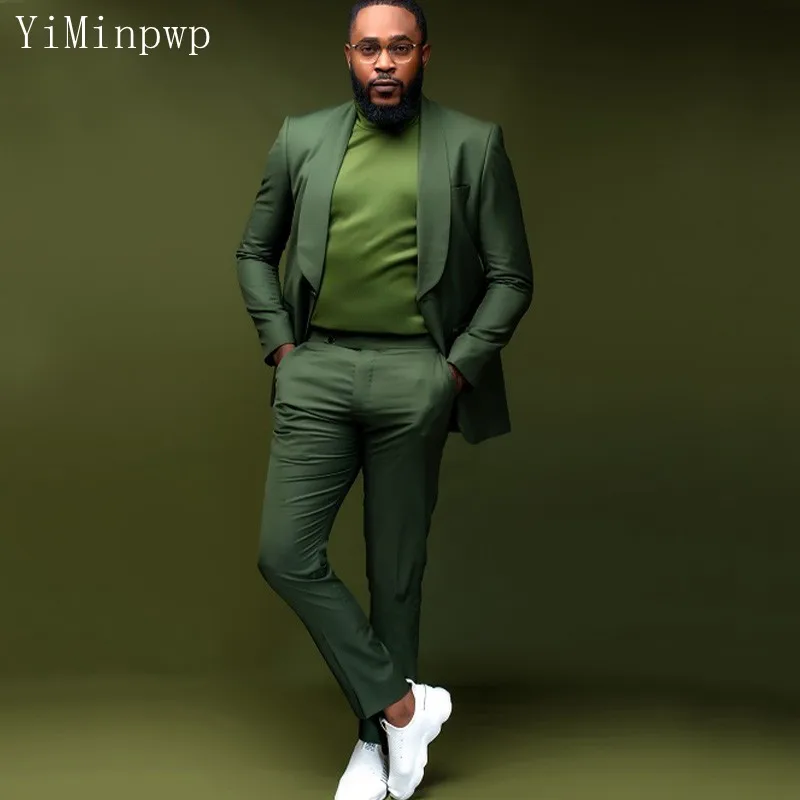 

Green Men Suits 2 Pieces Shawl Lapel One Button Blazer Sets Groom Wedding Suits conjuntos de chaqueta Business Prom Travel Suit