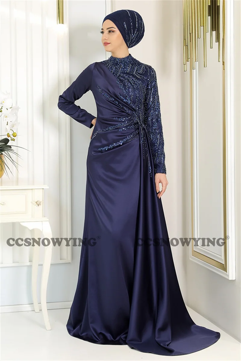 

Long Sleeve Muslim Evening Dresses Satin Appliques High Neck Islamic Hijab Formal Party Gown Arabic Dubai Robe De Soiree