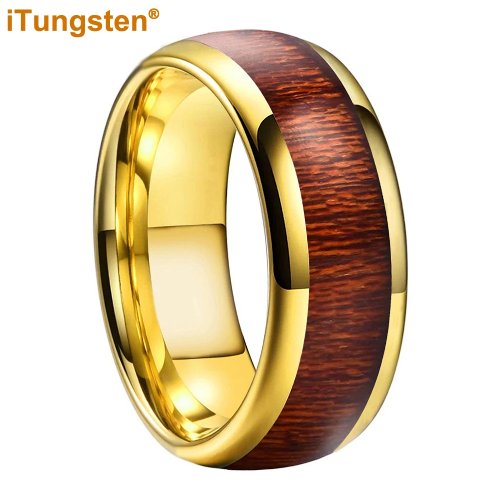 iTungsten 6mm 8mm Gold Plated Tungsten Ring for Men Women Engagement Wedding Band Fashion Jewelry Real Wood Inlay Comfort Fit