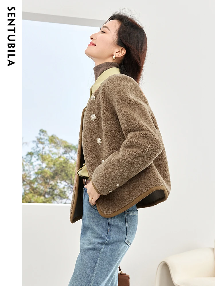 SENTUBILA Fur Integrated Fashion Coat for Women 2023 Autumn Winter Round Neck Faux Fur Coat Double Breasted Crop Top W34P50138