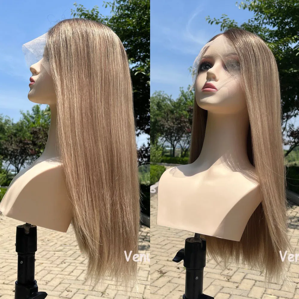Blonde Highlight Lace Frontal Jewish Wig Breathable Hand-Tied Wig Russian Virgin Human Hair Transparent Lace Top Kosher Wig 130%