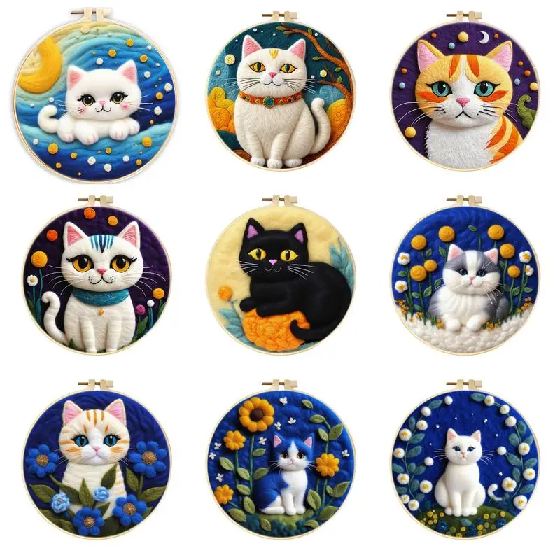 RUOPOTY Cat Pattern Needle Felting Painting Kits For Adults Complete Needle Felting Starter Kits Animal With Embroidery Frame
