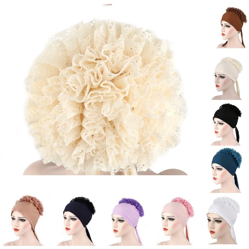 

Large Flower Headscarf Solid Color Milk Silk Plate Flower Hat Muslim Elastic Dubai Arab Ladies Flower Hat Headscarf Beanie Hat