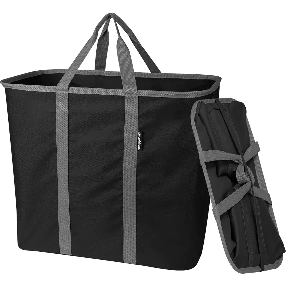 CleverMade Large Foldable Laundry Basket with Sturdy Pop-Up Wire Frame and Long Carry Handles-Space-Saving Black/Charcoal