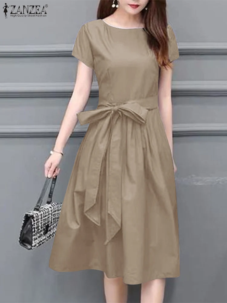 

ZANZEA Elegant Short Sleeve Tied Waist Midi Dress Women Fashion OL Work Solid Color Sundress Summer Casual A-line Party Vestidos