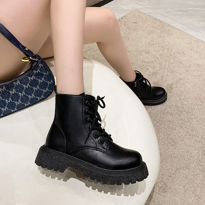 Shoes Female 2023 New PU Ankle Women's Boots Platform Modern Boots Women Lace Up Side Zip Round Toe Fretwork Heels Shoes Women