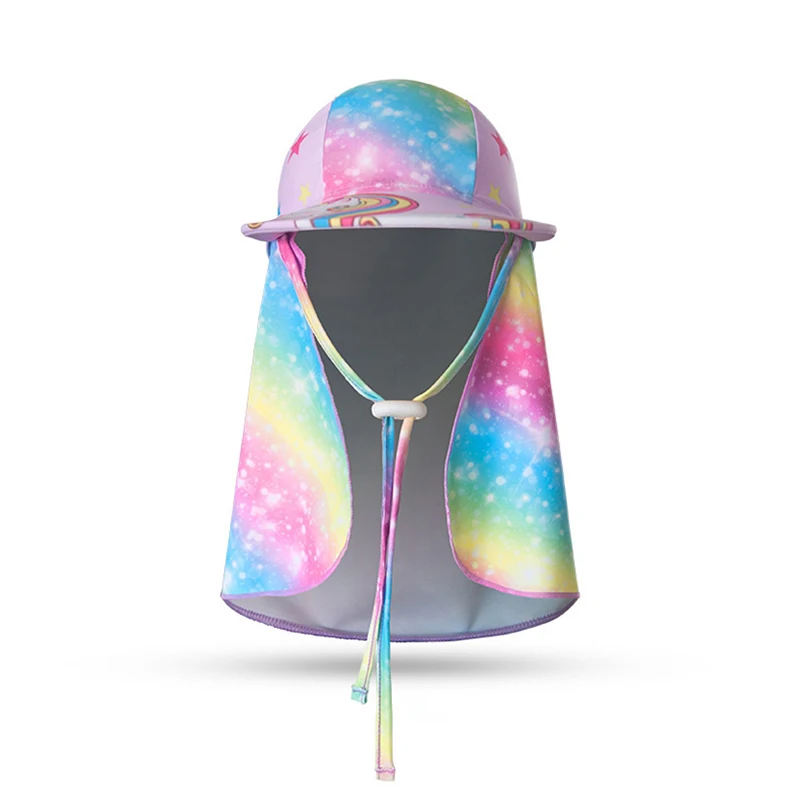 Children Sun Hat Kids Beach Cap Neck Cover Summer Boy Girl Outdoor Unicorn Rainbow Sunscreen UV Protection Swim Flap Hats UPF50 2
