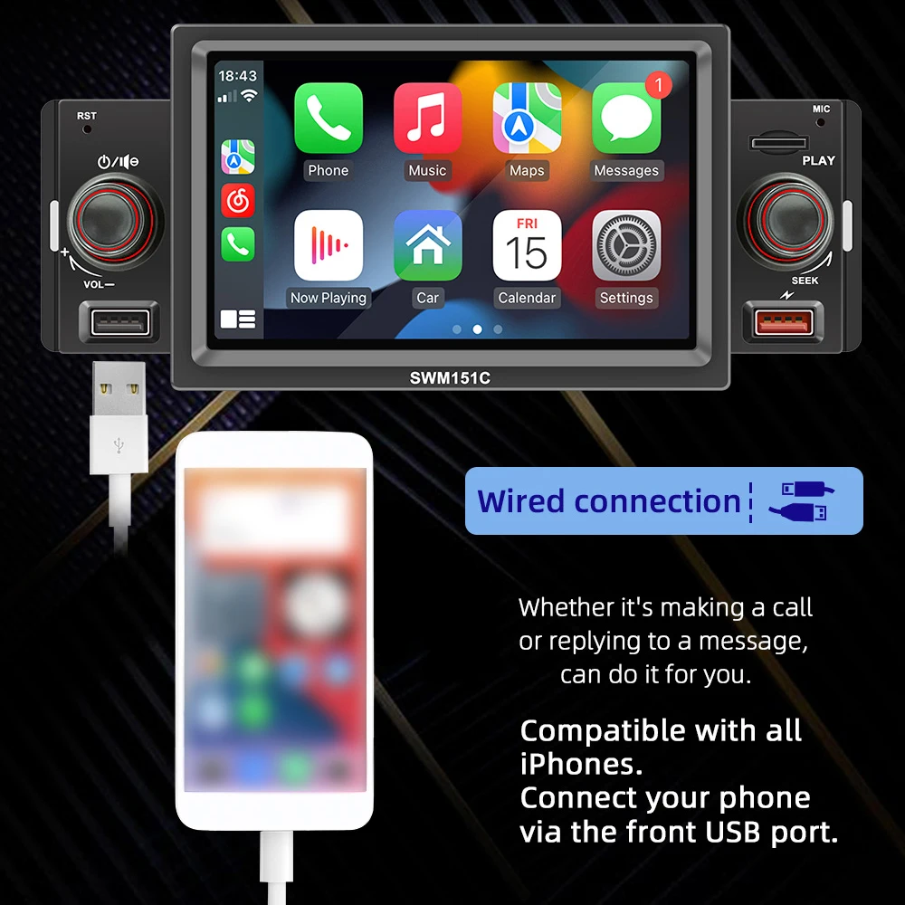 Car Stereo Car Stereo MP5 Player Single Din BT FM Radio Receiver with Carplay Android Auto Support Hands-Free Calling USB Charge