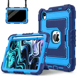Durable iPad Case with Handle Stand and Pen Tray - Shockproof and Soft Silicone Protective Cover - iPad mini 7 2024 (NavyBlueBlue)
