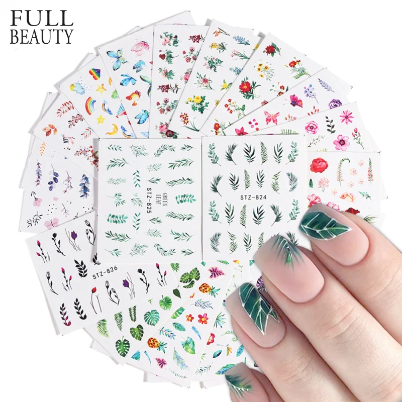 29pcs Simple Green Black Leaf Water Sticker Nail Polish Flower Flamingo Slider for Manicure Nail Art Decoration Wraps Set CH764