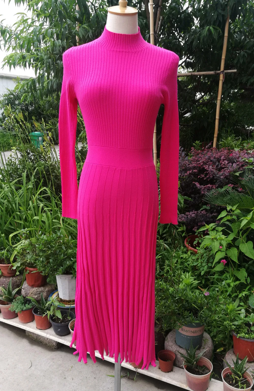Vestido de punto plisado acanalado para mujer, suelto, de moda, con retazos, manga larga, cintura alta, de punto, vestido maxi femenino de otoño, nuevo