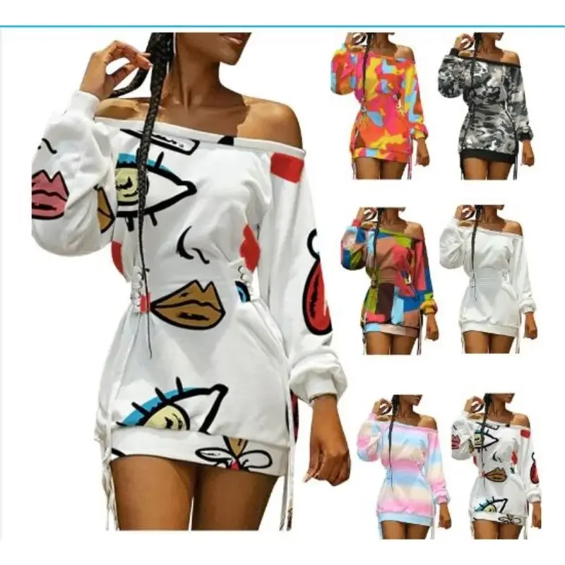 430907004Spring New European and American Women's Wear Oblique Neck Tie Dye Print Long Sleeve Loose Dress Trend