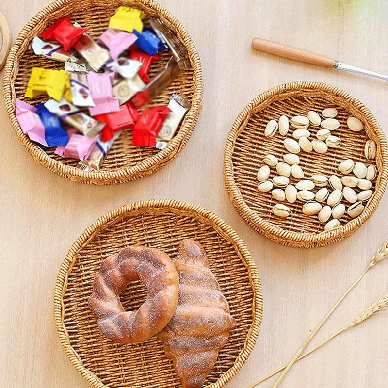 Round Rattan Fruit Basket Bowls Natural Wicker Boho Woven Storage Baskets Bread Tray for Kitchen Coffee Table Farmhouse 2