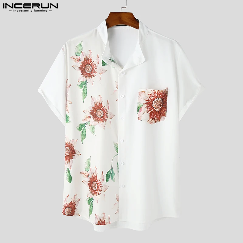 

Fashion Casual Style Tops INCERUN New Men Solid All-match Patchwork Plant Printing Shirts Summer Short Sleeved Blouse S-3XL 2023