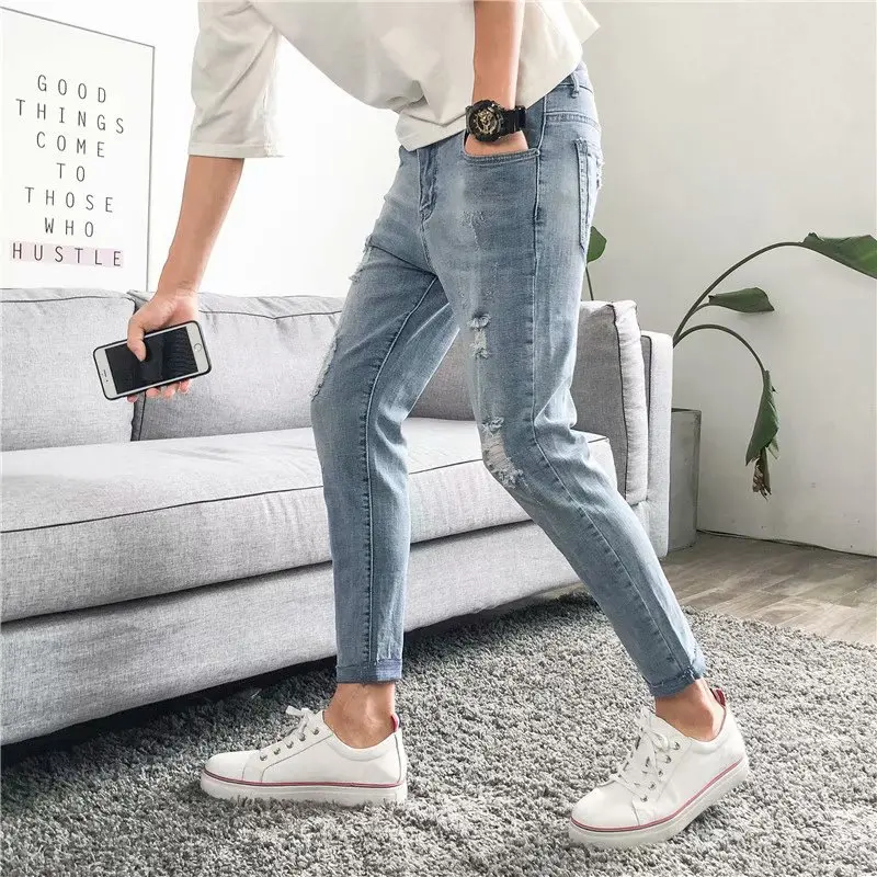 

Spring Autumn 2022 Teenagers Street Men's Jeans Hong Kong Style Pants Youth Korean Pure Color Hole Beggar Feet Harem Pants