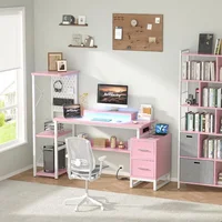 Computer Desk with 2 Fabric Drawers - Reversible Home Office Desk with Power Outlet & LED Lights, 53" Writing Desk with Monitor 2