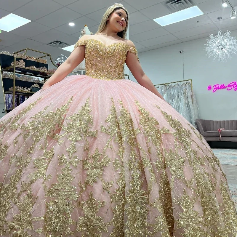 

Pink Quinceanera Dresses Sweetheart Ball Gown Gold Applique Lace Beads Birthday Sweet 16 Evening Prom Vestidos De 15 Años 2024
