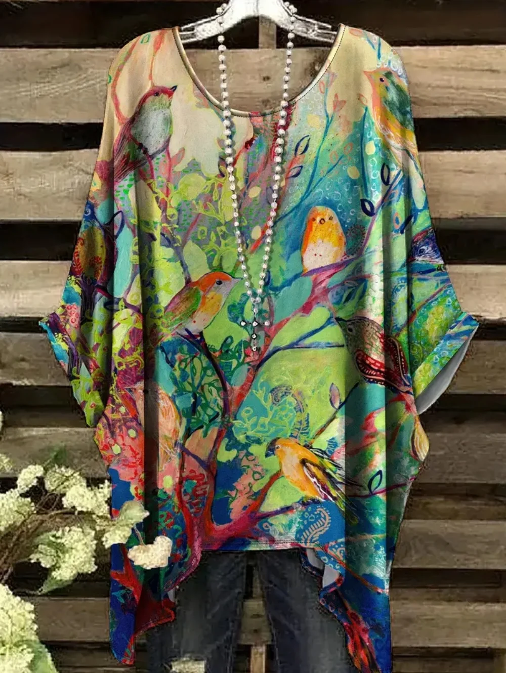 Summer Women's T-Shirt Hummingbird Peacock Print Round Neck Tail Comfortable Short Sleeve Oversized Tee Irregular Hemline Tops 6