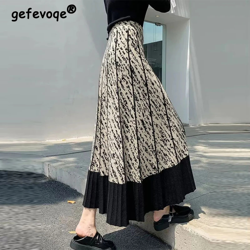 Autumn Winter Women Vintage Elegant Fashion Print Patchwork Pleated A-line Skirts Female High Waist Slim Knitted Maxi Skirt Ropa monge dog daily line maxi puppy