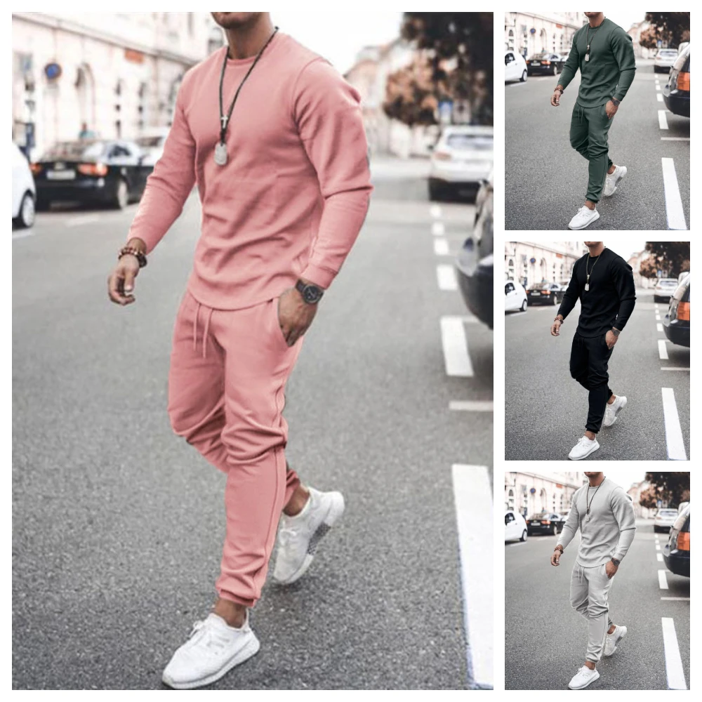Sportswear Sumer Men's Set Solid Color Tracksuit Sports Suits Male Sweatsuit Long Sleeves T shirt +Pants Printing 2 pc sets