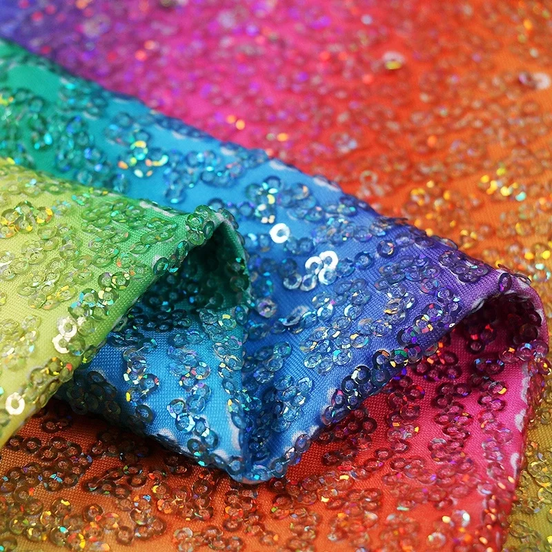 Glitzy Embroidery Sequin Rainbow Printed Stretch Knit Ground For Clothsing Making Party Events Dancewear Fabric