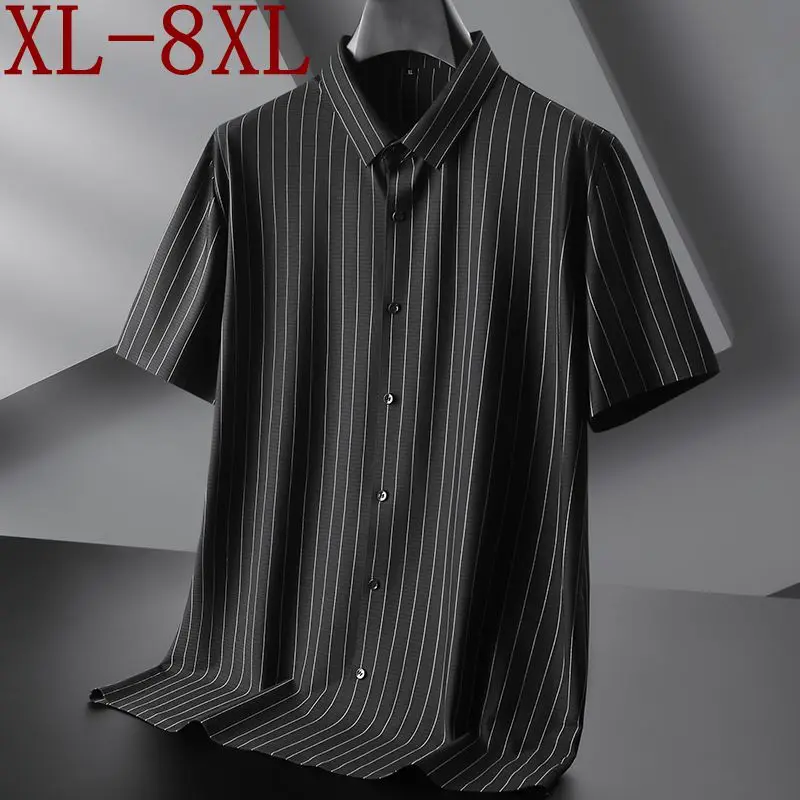 

8XL 7XL 6XL 2023 New Summer High End Ice Silk Breathable Stripe Shirt Men Loose Mens Shirts England Style Business chemise homme