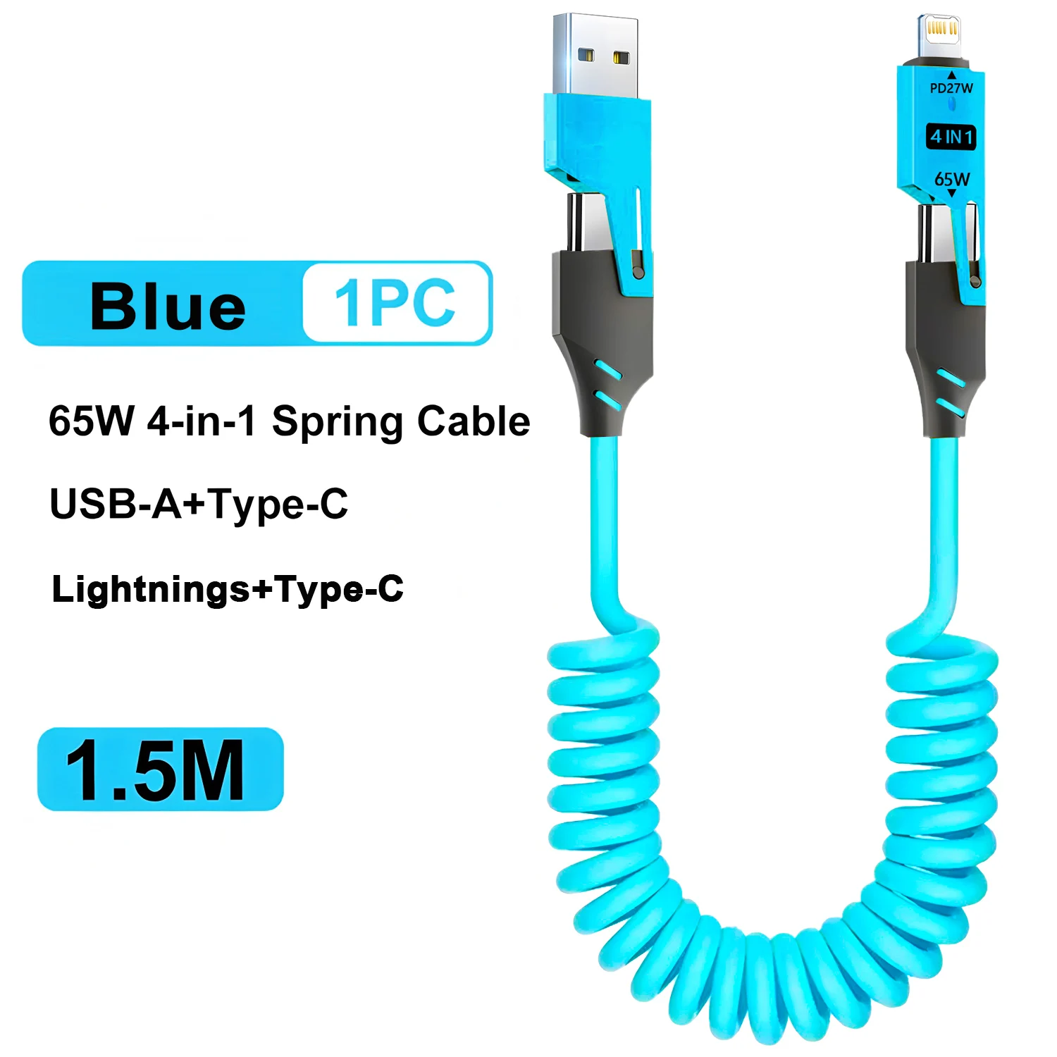 4-in-1 코일형 USB C 케이블 65W 고속 충전 PD 27W USB C to L/타입 C/USB A 케이블 충전기 (아이폰15 14 13 12 /아이패드 안드로이드용)