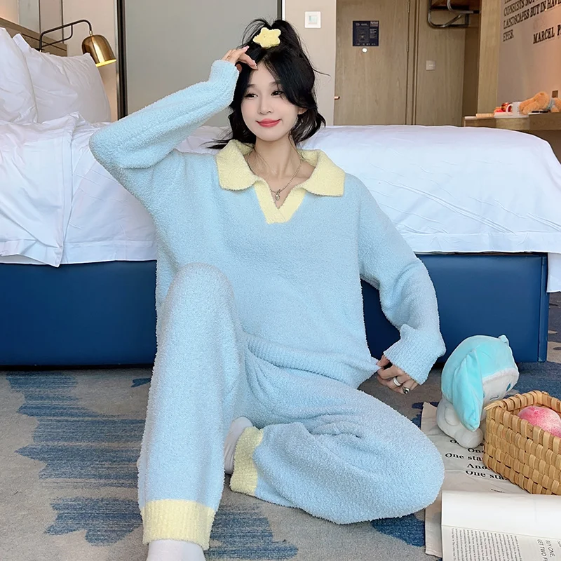 2023 Autumn Winter New Coral Fleece Sleeping Pajamas for Women Fashion Lapel Warm Women's Pajamas Simple Splice Soft Home Wear
