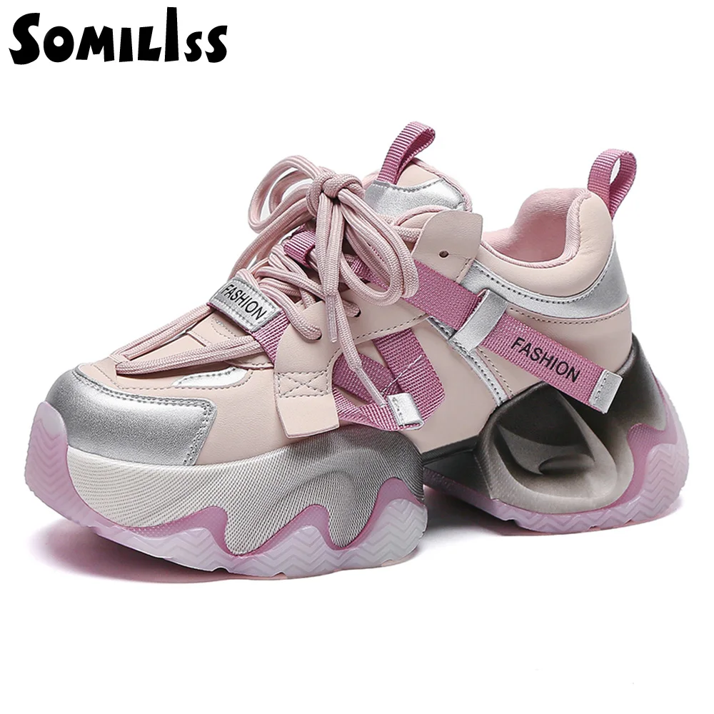 

SOMILISS Women Chunky Platform Sneakers Microfiber Leather Lace Up Round Toe Ladies Autumn Winter Fashion Casual Shoes