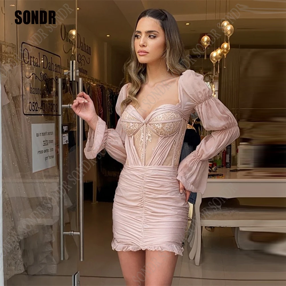 

SONDR Sexy Dusty Pink Sweetheart Puff Long Sleeves Mini Lady Party Cocktail Dress Boning Mini Sexy Formal Night Club Dress