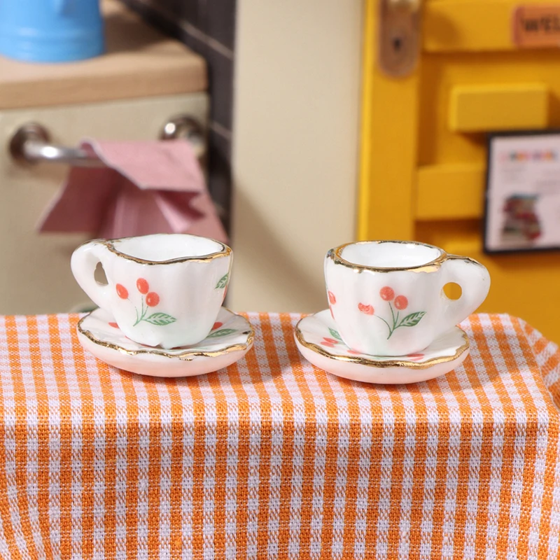 

1Set/2Pcs 1:12 Dollhouse Miniature Cherry Ceramic Cup Saucer Kitchen Tableware Model Decor Toy Doll House Accessories