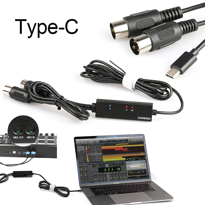 DOREMiDi MIDI-USB C 유형 C 케이블 MacBook 안드로이드용 표시 등이 있는 USB MIDI 변환기