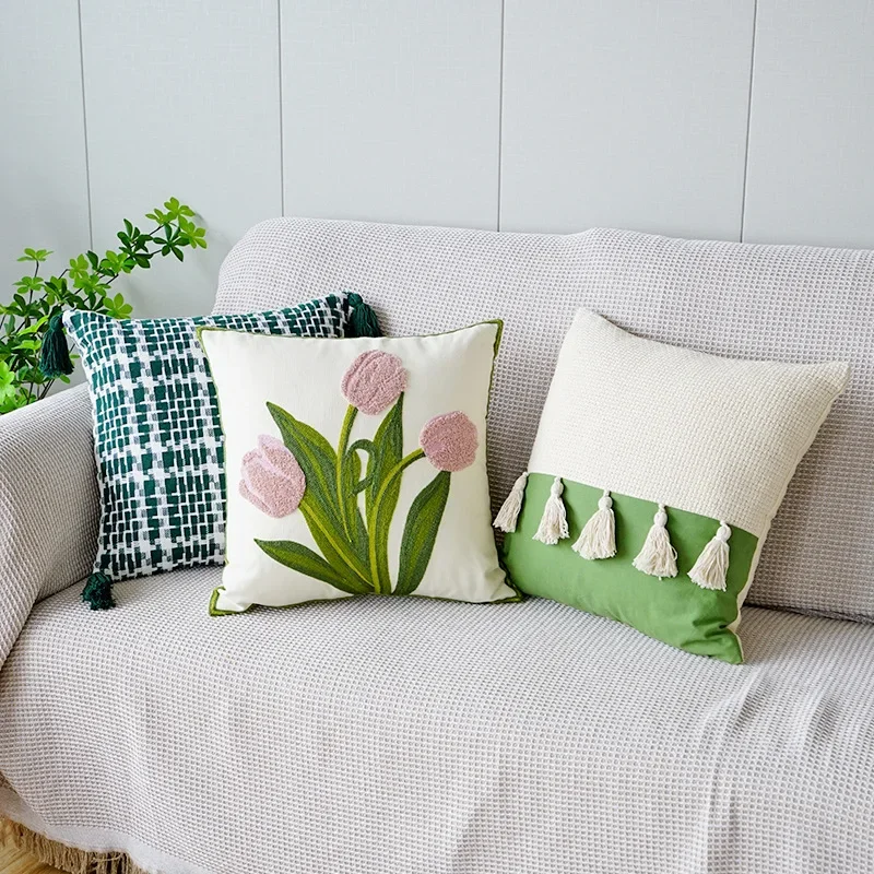 1PC Tulips Orchid flower Embroidered Pillowcase Cushion Cover Morden Casual Cotton Case Sofa Bedroom Decro 45x45cm