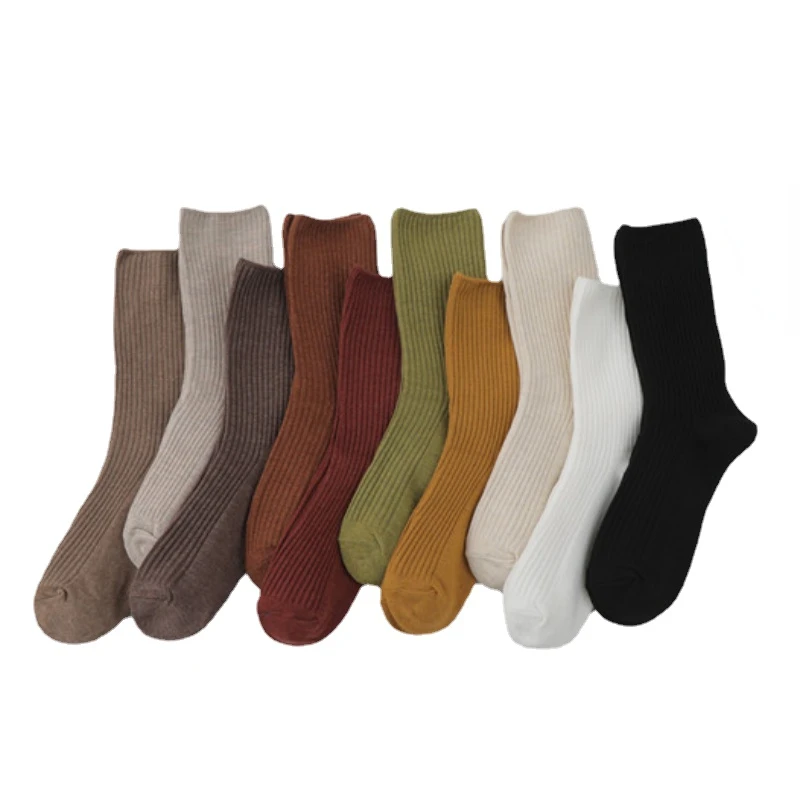

3 Pairs of Japanese Fashion Cotton Solid Color Striped Mid Length Socks